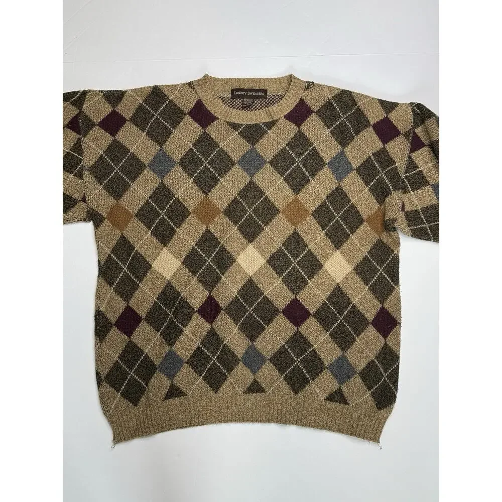 Vintage 90s Liberty Sweaters Argyle Knit Mens L USA Cotton Ramie Grandpa